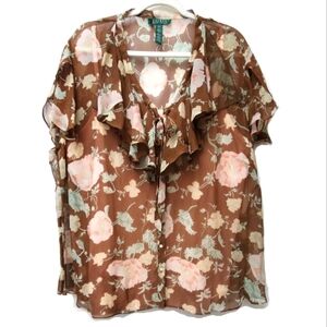 Lauren Ralph Lauren Floral 100% Silk Semisheer Blouse  Flutter Sleeves Size 3X